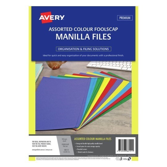 Avery Manilla Folder Assorted Foolscap 10 Pack