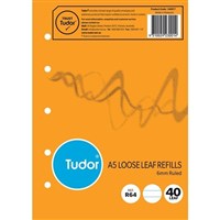 Tudor A5 Loose Leaf Refills Lined 6mm Ruled NonReinforced 40 Leaf 10 per Pack